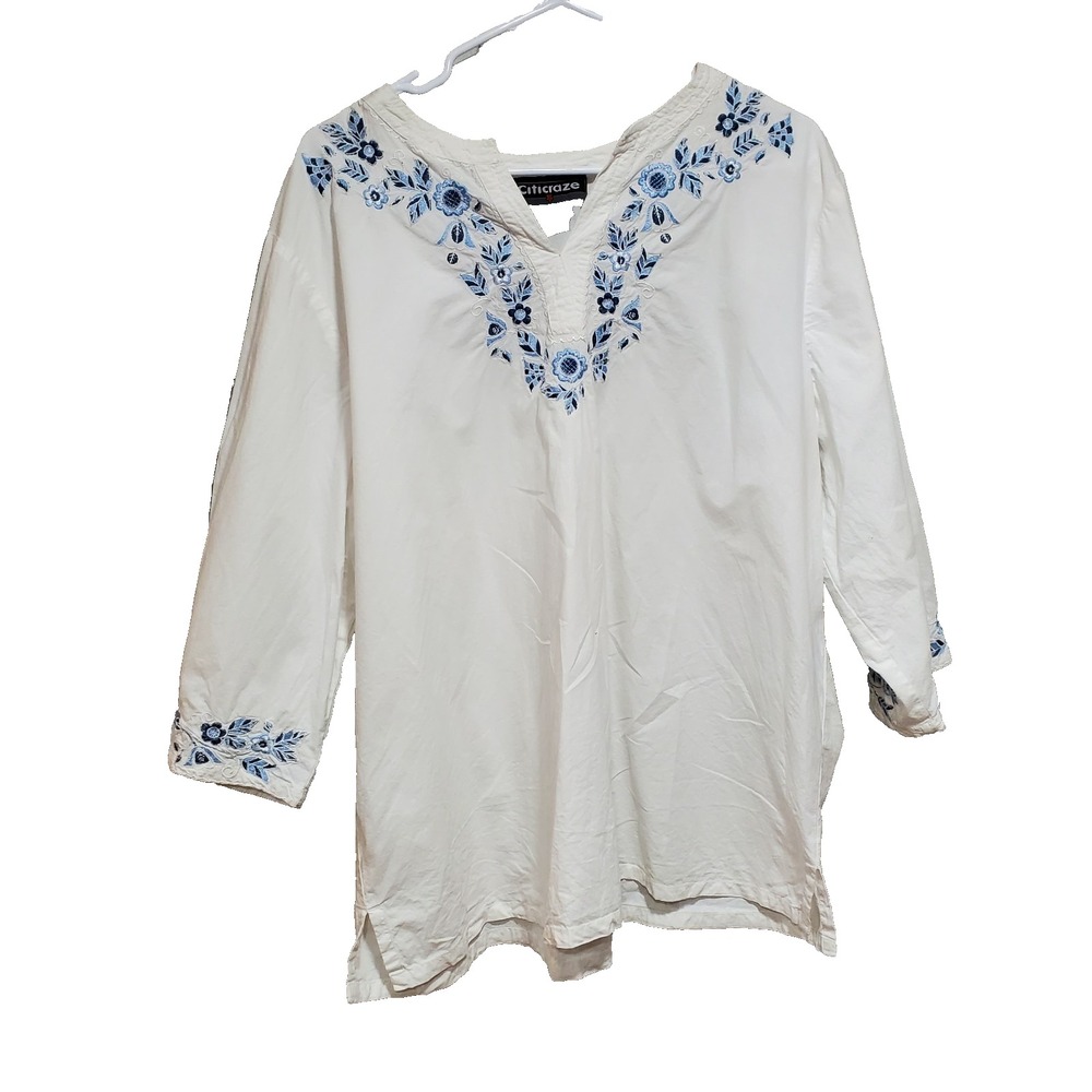 Y2K Citicraze Women Tunic Plus Size 1X White embroidered Boho Top Cotton Flowy‎